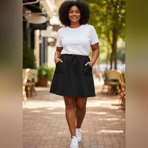 Cato Faux Suede Black Midi Skirt with Lace-Up Detail 20W